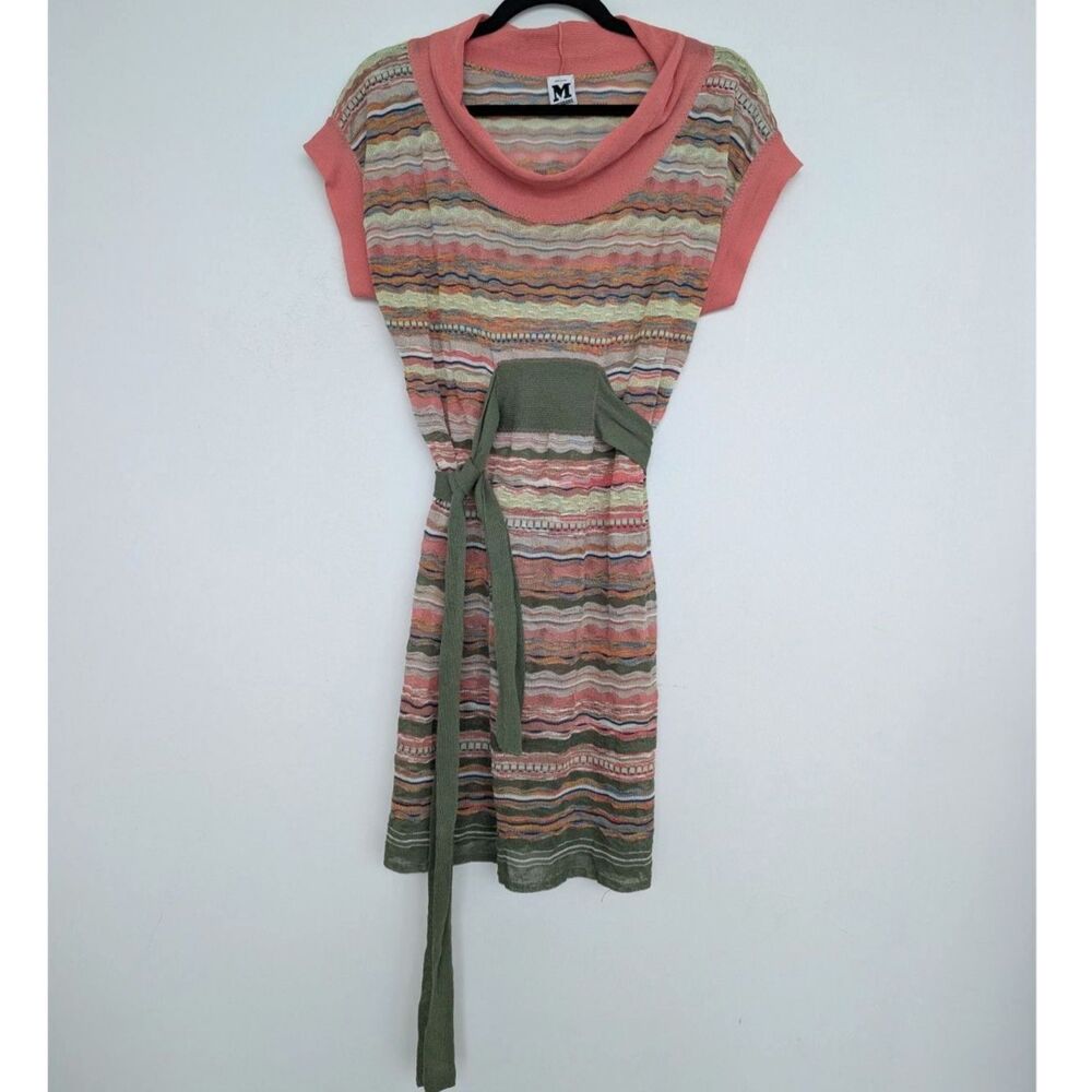 M Missoni Y2K Cowl Neck Classic Knit Chevron Colorful Tie Waist Dress Sz US 6